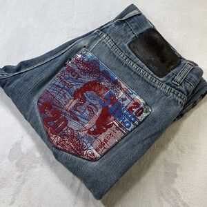 Eight 732 Jeans Mens 36x34 Blue Denim Embroidered Pocket Hip Hop Streetwear Y2K